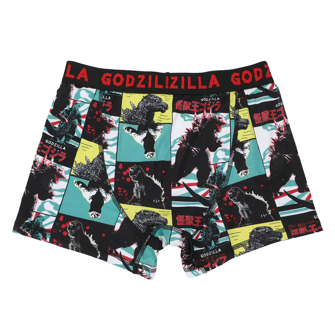 Pair of boxer briefs with Godzilla design on a white background