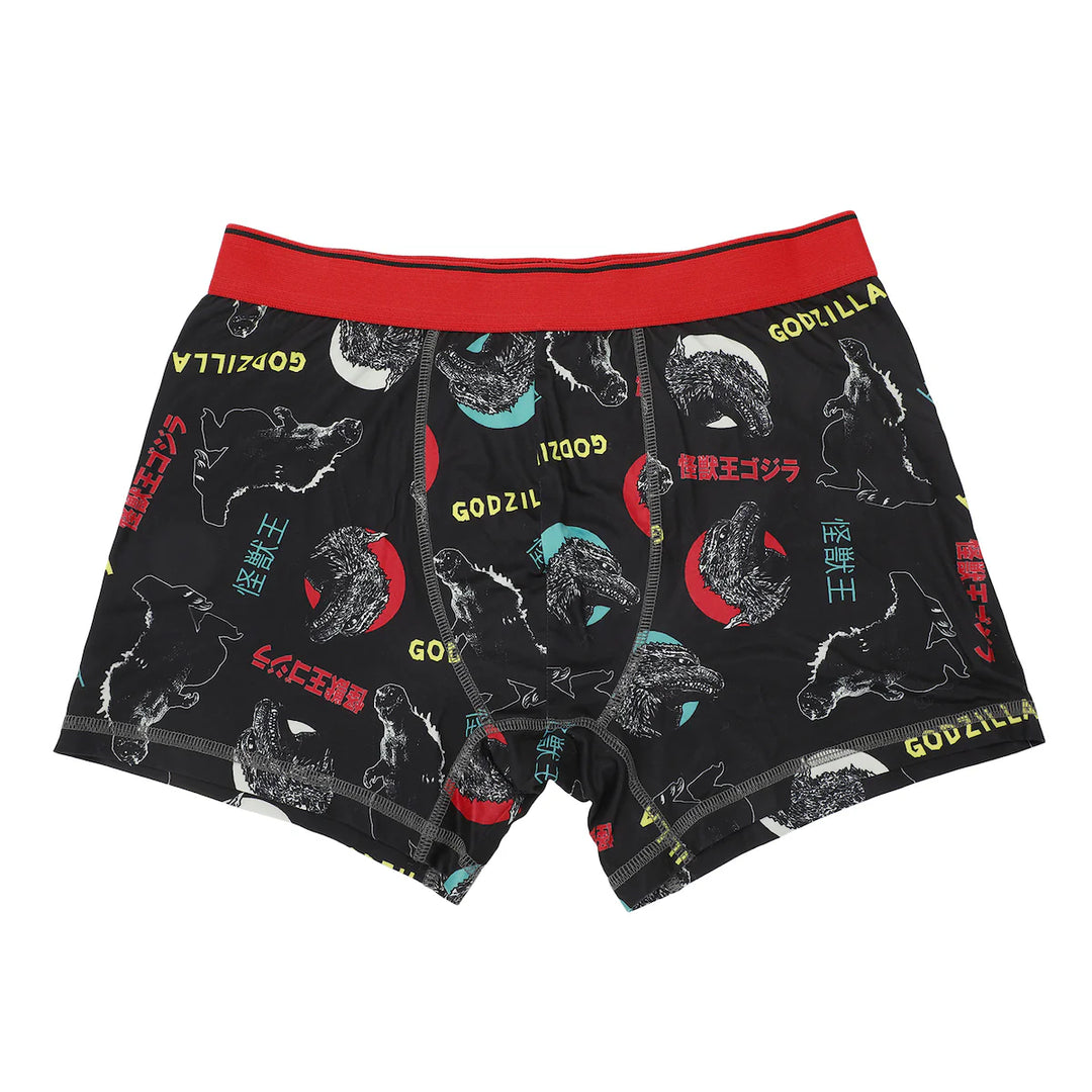 Pair of boxer briefs with Godzilla design on a white background