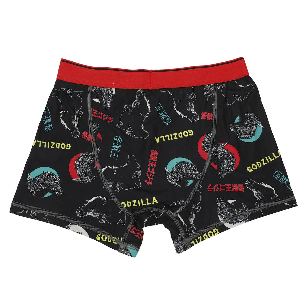 Boxer briefs with Godzilla print on a white background