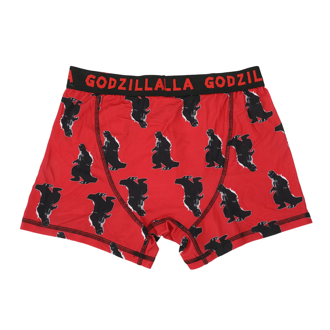 Red boxer briefs with black Godzilla prints and 'GODZILLALLA GODZIL' waistband on a white background