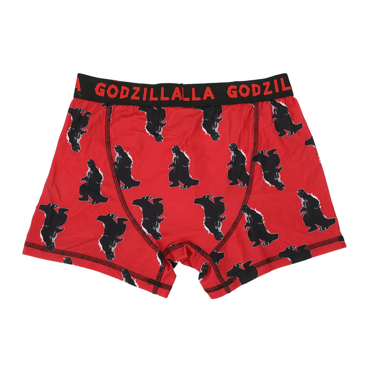 Red boxer briefs with black Godzilla prints and 'GODZILLALLA GODZIL' waistband on a white background