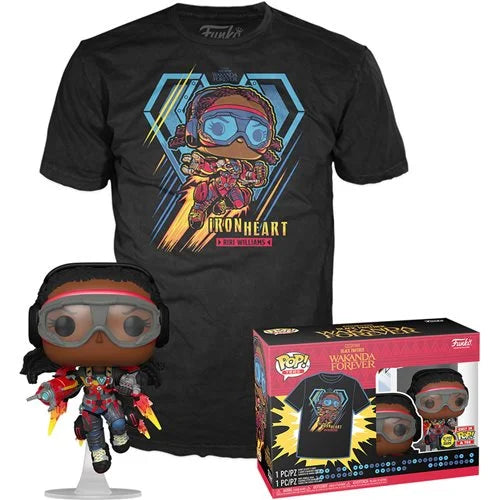 Funko Marvel Studios Black Panther Wakanda Forever Iron Heart Mk 1 Glow in the Dark Pop! Vinyl Figure W/T-Shirt Bundle