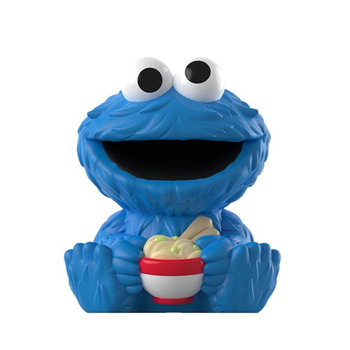 Blue creature holding a bowl of ice cream on a white background