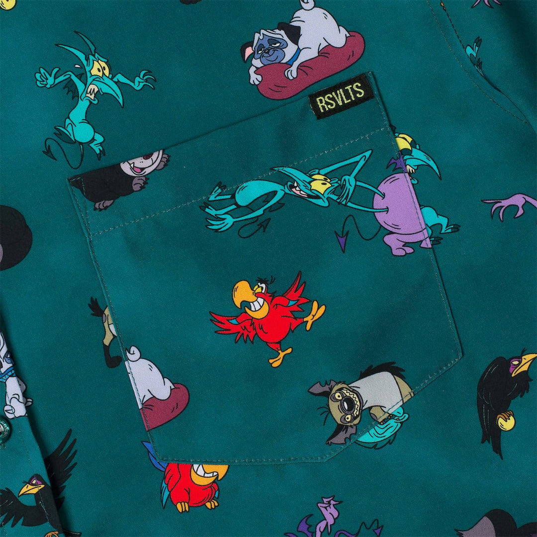 Shirt with villain sidekick character pattern on a teal background