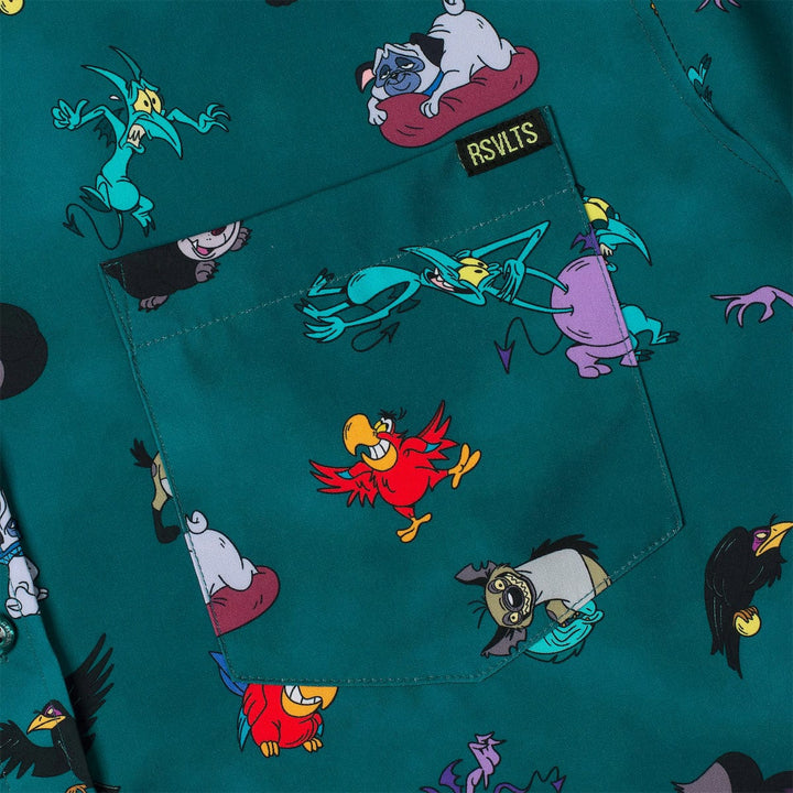 Shirt with villain sidekick character pattern on a teal background