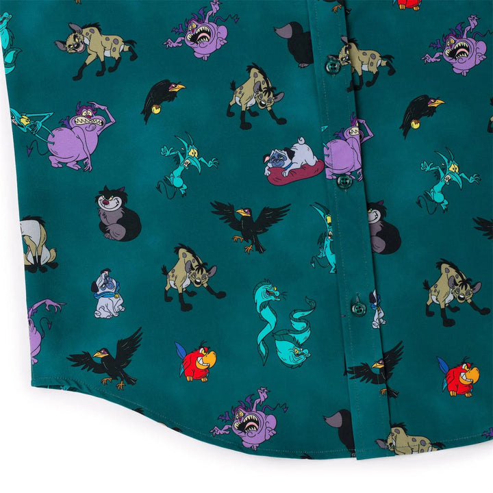 Teal shirt with colorful cartoon character pattern on a white background
