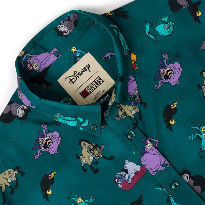 Teal shirt with cartoon character pattern and Disney license tag on a white background
