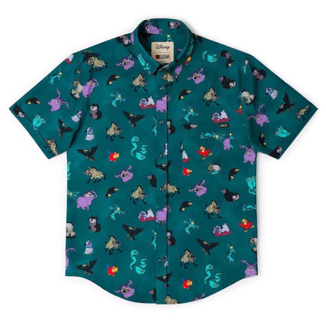 Short-sleeve shirt with colorful character pattern on a teal background