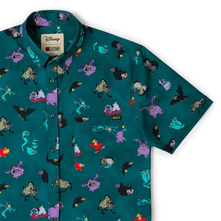 Teal shirt with animated character pattern on a white background