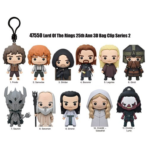 Collection of 'Lord of the Rings' character figurines with keychains on a white background.