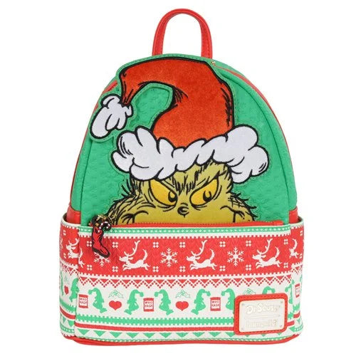 grinch loungefly mini backpack x Dr. Seuss How the Stole Christmas! Tree Light Up Plush front zipped pocket Loungefly mini backpack grinch used