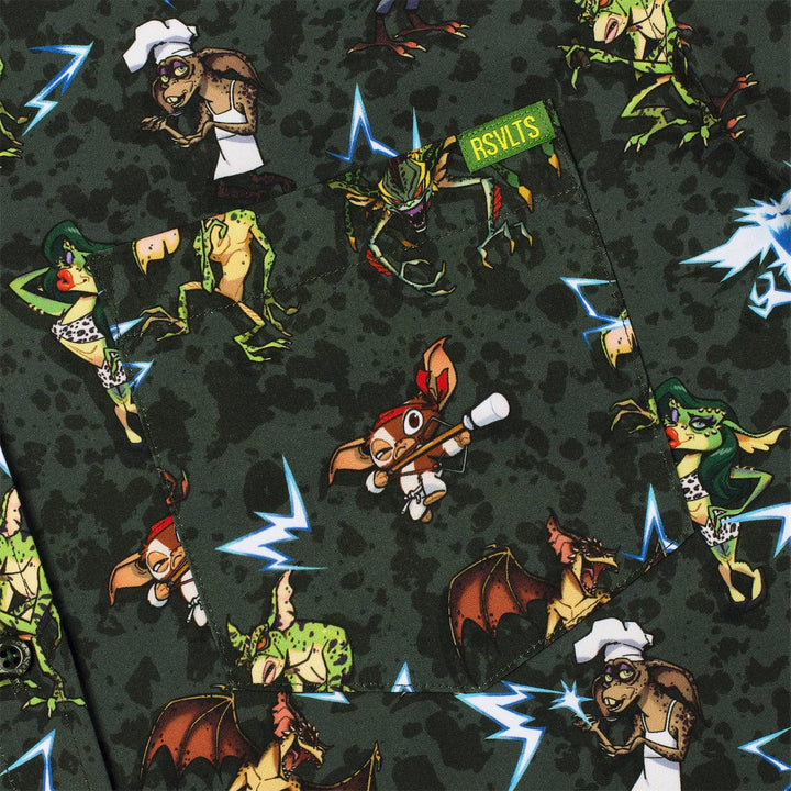 Patterned fabric with cartoon characters and lightning bolts on a dark background