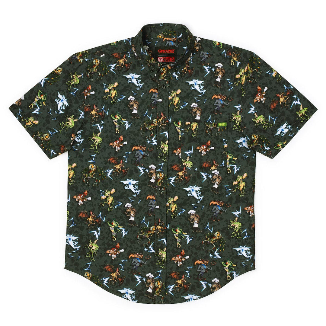 Short-sleeve shirt with colorful graphic pattern on a white background