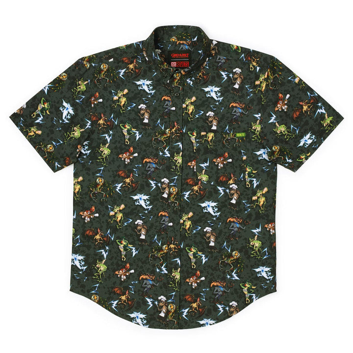 Short-sleeve shirt with colorful graphic pattern on a white background