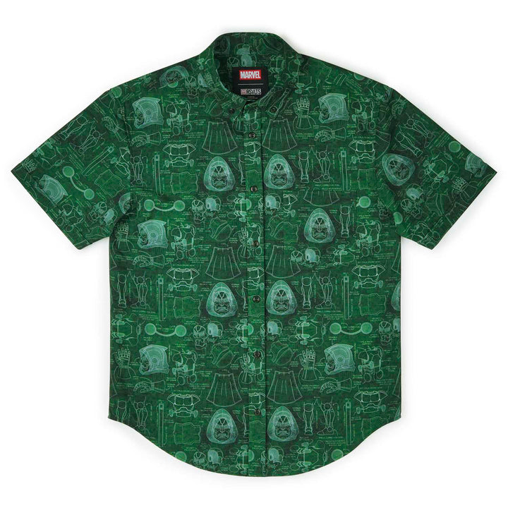 Green patterned shirt with Marvel logo on a white background