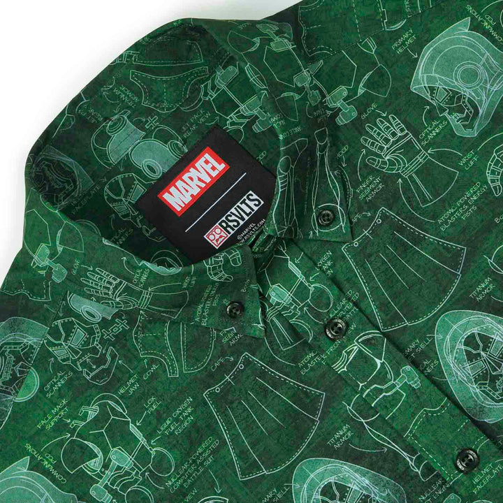 Green shirt with Marvel blueprint pattern and logo tag